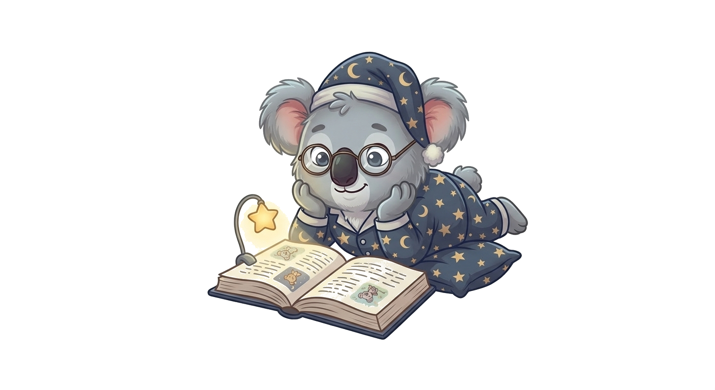 Malko sleep app koala mascot reading a book at bedtime